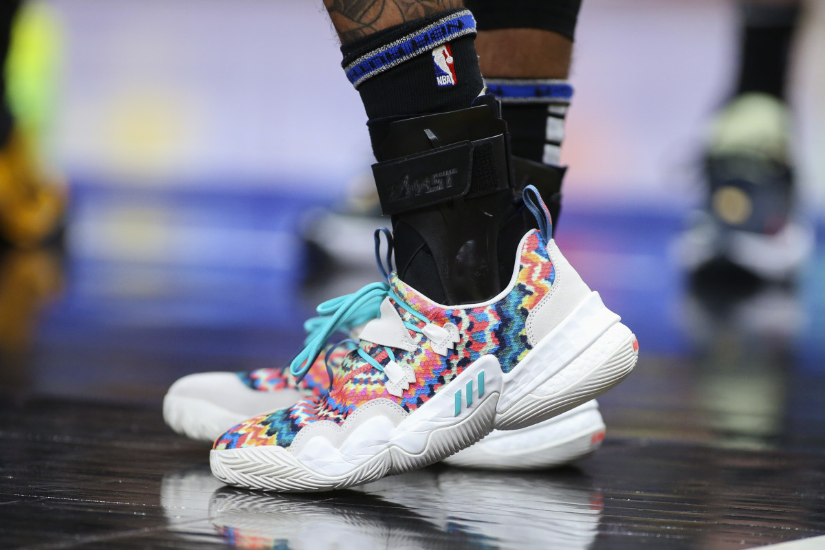 Feb 26, 2022; Atlanta, Georgia, USA; Detailed view of the shoes of Atlanta Hawks guard Trae Young (11) against the Toronto Raptors in the second quarter at State Farm Arena.